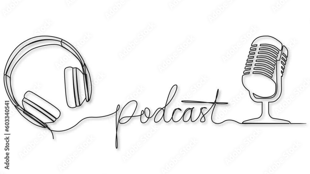 animated continuous single line drawing of handwritten word PODCAST and microphone and headphones, podcasting concept line art animation