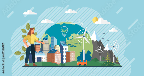 Solar panel, alternative electricity source, sustainable resources. Home electricity with battery energy storage system on modern house. Wind energy. Green energy. Windmills house with solar panel