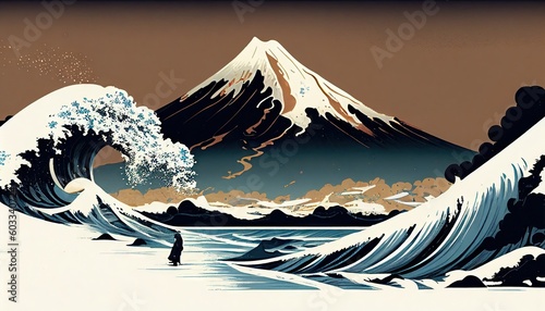 Japanese traditional Ukiyoe Brown and white Rough waves dynamic of nature Mt. Fuji Abstract, Elegant and Modern AI-generated illustration photo