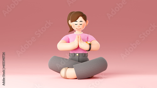 3d character illustration of a young Asian office worker woman sitting cross-legged, closing her hands, closing her eyes, and taking a deep breath to relax in meditation