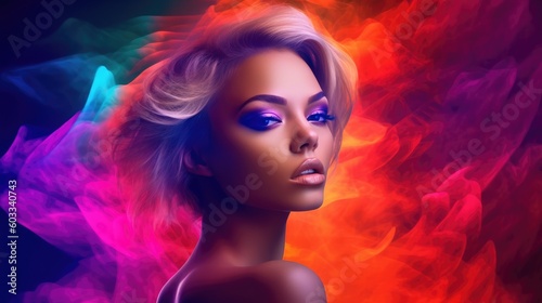 Glamorous woman with languid expression in vibrant colors neon lighting. Generative AI © piai