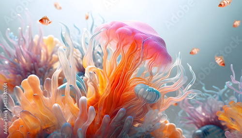 Coral reefs and underwater life depicted in stunning detail on a clean and transparent glass texture background Generative AI © AGSTRONAUT