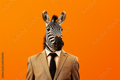 Portrait of a businessman with a zebra head on an orange background generative ai © Graphicsstudio 5
