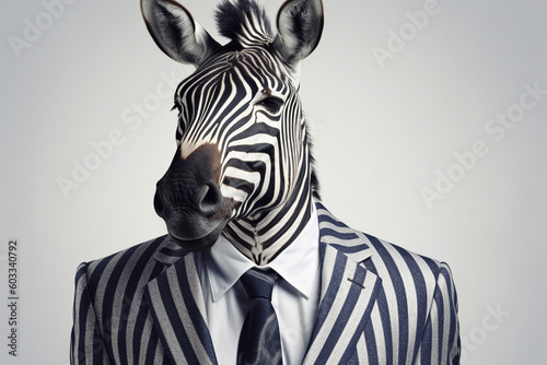 Portrait of a zebra in a suit on a white background generative ai