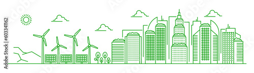 Eco city landscape with green energy buildings, vector ecology and environment. Thin line urban cityscape of city street with modern skyscrapers, trees, eco power solar panels and wind turbines