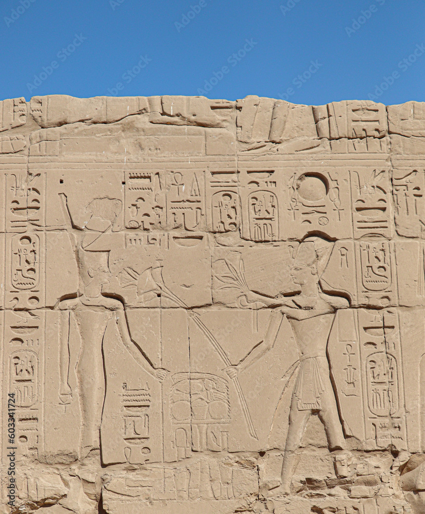 Fototapeta premium Ancient egyptian carvings and hyroglyphs at Karnak temple in Luxor, Egypt 