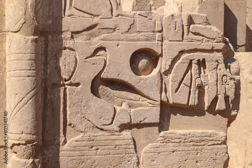Ancient egyptian hieroglyphics and pharaonic symbols carved at Karnak temple in Luxor, Egypt 