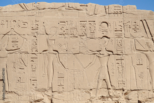 Ancient egyptian carvings and hyroglyphs at Karnak temple in Luxor, Egypt 