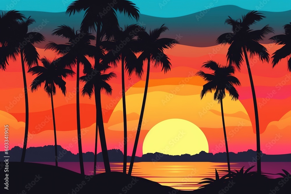idyllic beach landscape with lush, tropical palm trees and a vibrant, colorful sunrise