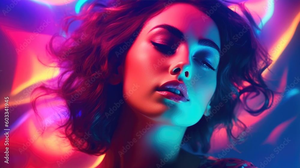 Fototapeta premium Glamorous woman with languid expression in vibrant colors neon lighting. Generative AI