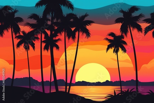 idyllic beach landscape with lush, tropical palm trees and a vibrant, colorful sunrise