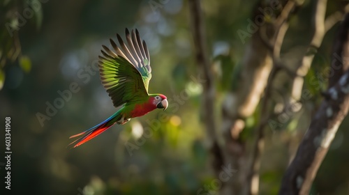 of wildlife parrot flying in a jungle