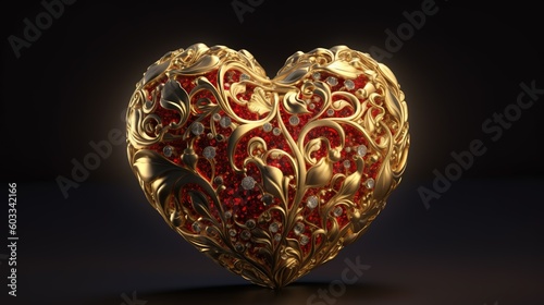 3D model of a gold heart decorated with red diamonds on a dark background