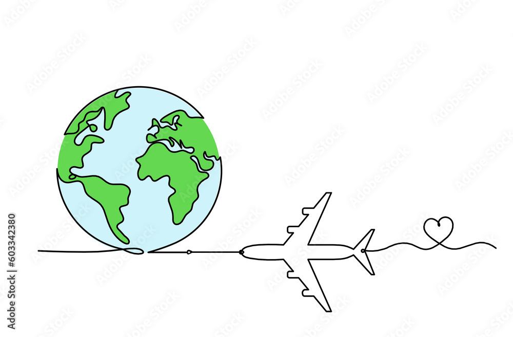 Abstract color planet Earth with plane as line drawing on white Abstract color planet Earth with plane as line drawing on white