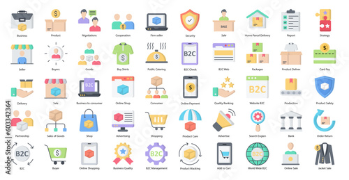 B2C Flat Icons Shopping Business Consumer Icon Set in Color Style 50 Vector Icons 