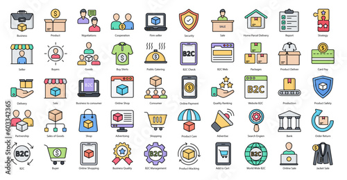 B2C Color Line Icons Shopping Business Consumer Icon Set in Filled Outline Style 50 Vector Icons