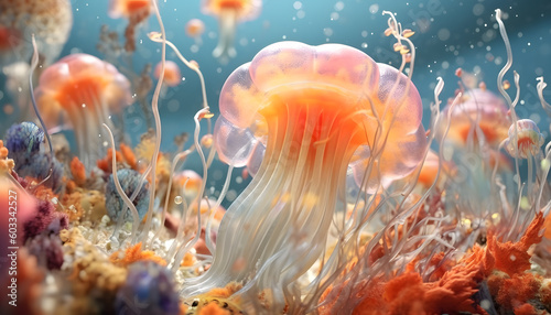 Coral reefs and underwater life depicted in stunning detail on a clean and transparent glass texture background Generative AI