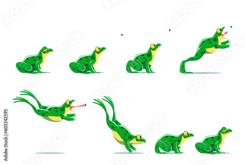 Cartoon frog jump sequence motion sprite sheet. Vector hoptoad full cycle leap in action captures energetic movement from the toad initial crouch to high-flying jump and graceful landing chasing a fly photo