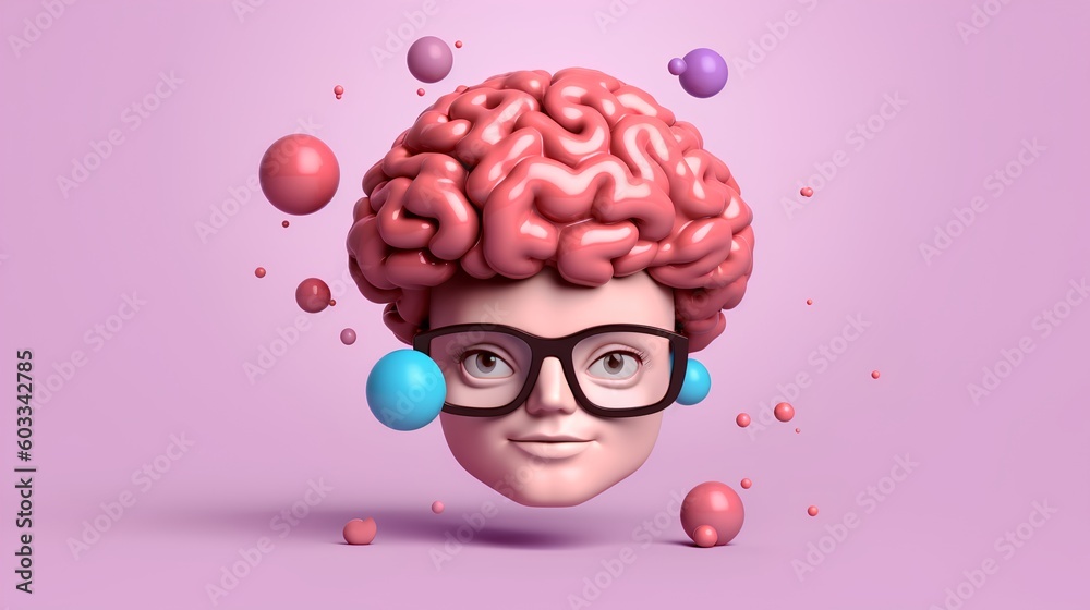 Obraz premium Cartoon avatar showcasing big brain, wearing glasses, and portraying intelligent look. Playfully symbolizes intellect, knowledge, and the pursuit of learning in a fun and engaging way. Generative AI