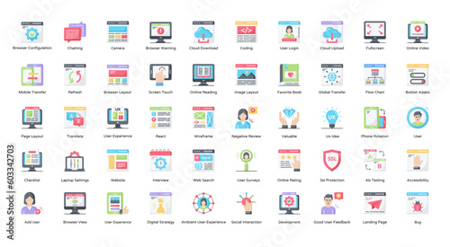 User Experience Flat Icons UX UI Web Icon Set in Color Style 50 Vector Icons