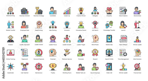 Leadership Color Line Icons Business Management Leader Icon Set in Filled Outline Style 50 Vector Icons 