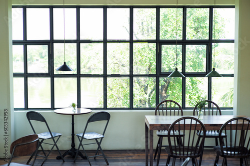 Interior perspective of coffee shop with wooden furnitures inside