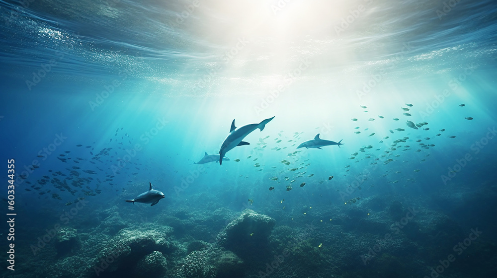 Fototapeta premium dolphins swimming underwater between the ocean , coral reef and school of fish on a blue sea background, Underwater cave and ocean creatures, dolphins jumping on the water seascape ,Generative AI 