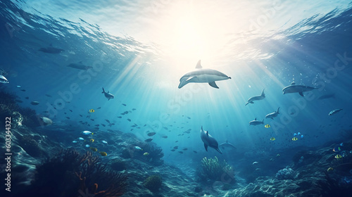 dolphins swimming underwater between the ocean   coral reef and school of fish on a blue sea background   Underwater cave and ocean creatures  dolphins jumping on the water seascape  Generative AI 