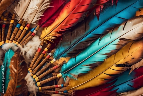 Close up on Colorful Feathers on Apache Native American Indian Headdress Tribal Feather Hat Generative AI photo