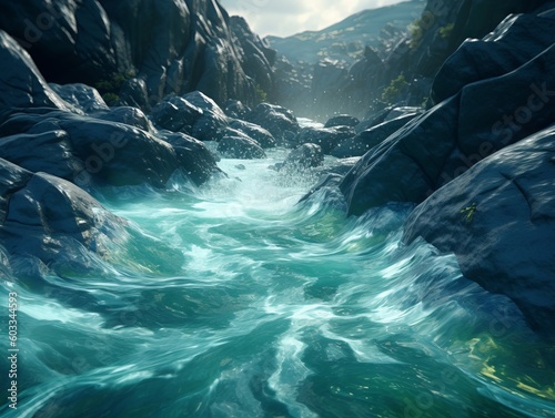 Serene River Flow in a Scenic Rocky Landscape, Generative AI © avrezn