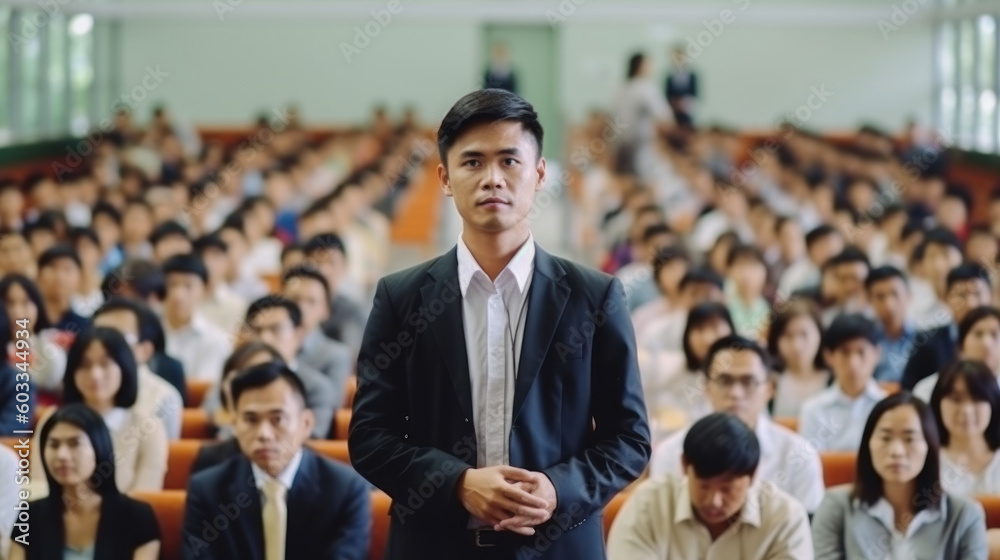 © AS Photo Family - Portrait of asian public speaker giving talk at business event. Generative AI.