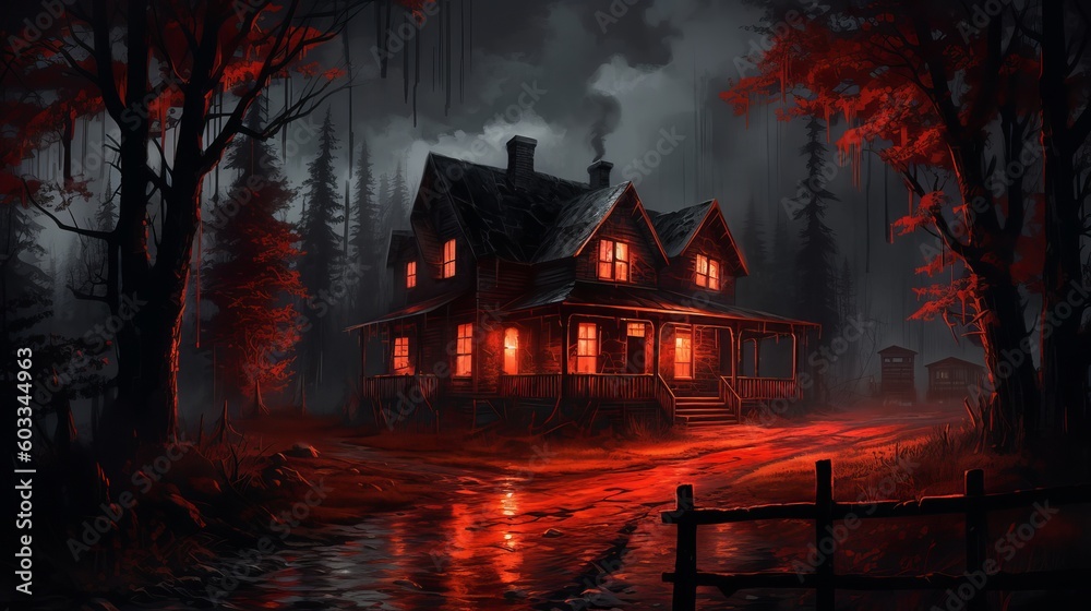 haunted house in the woods, murder mystery story with a dark house at night, the windows have a red glow to them and the creepy darkness extends to a street and a forest, wallpaper, Generative AI - obrazy, fototapety, plakaty 