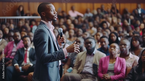 Portrait of african american public speaker giving talk at business event. Generative AI.