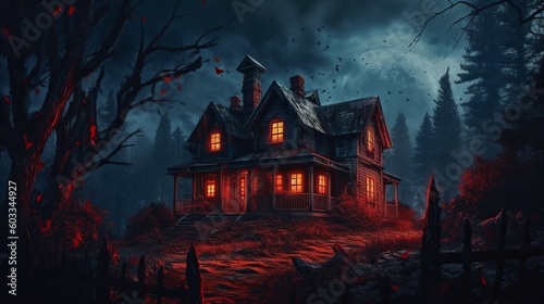 haunted house in the woods, murder mystery story with a dark house at night, the windows have a red glow to them and the creepy darkness extends to a street and a forest, wallpaper, Generative AI