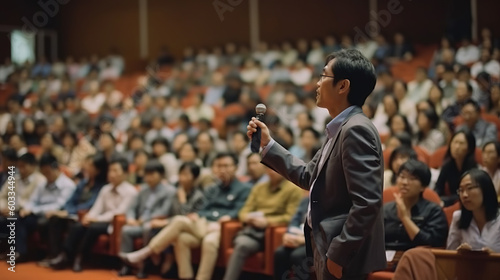 Portrait of asian public speaker giving talk at business event. Generative AI.