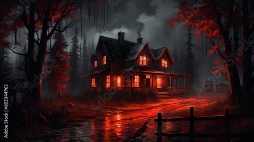 haunted house in the woods, murder mystery story with a dark house at night, the windows have a red glow to them and the creepy darkness extends to a street and a forest, wallpaper