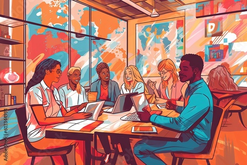 group of young professionals collaborating in a modern co - working space, representing teamwork and creativity in the workplace, manga styleillustration generative ai