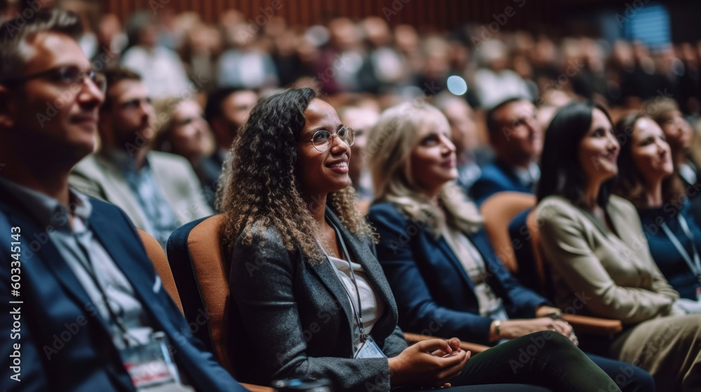 Audience leasting speaker at business conference. Generative AI.