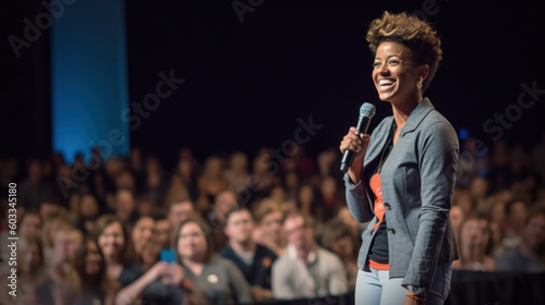 Exited woman motivational speaker on stage. Diversity, Success, Leadership, STEM concept. Generative AI. photo