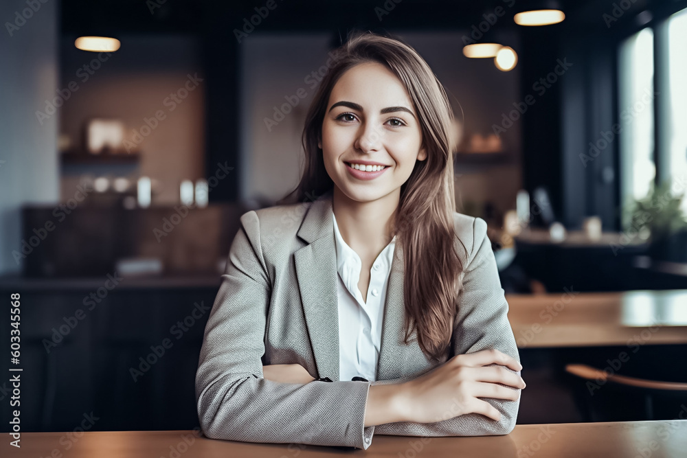 A confident Western woman wearing a formal dress stands with her arms folded on the table, looking directly at the camera in a modern office environment. generative AI. A confident Western woman wearing a formal dress stands with her arms folded on the table, looking directly at the camera in a modern office environment. generative AI.