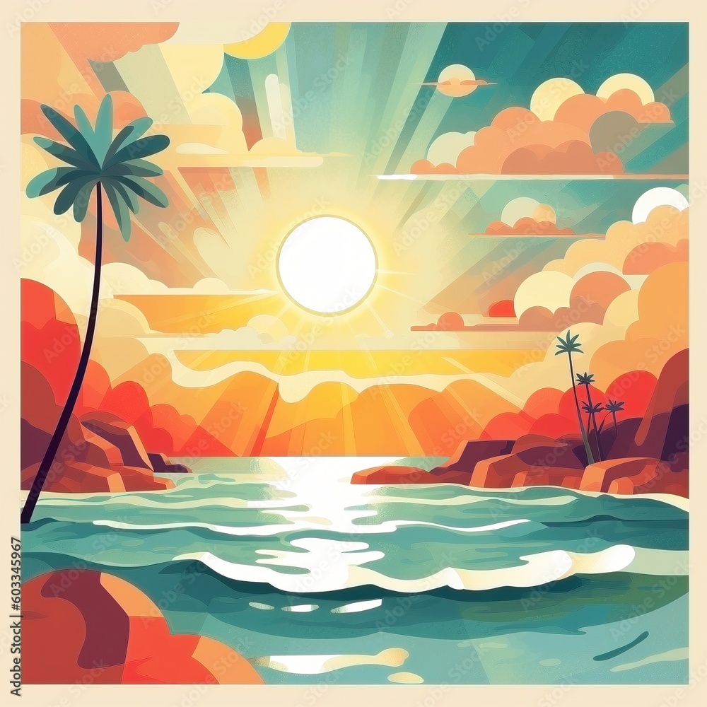 Colorful vector image of sunset at the beach with partial clouds and palms trees, AI generated