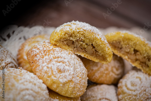 Traditional eid maamoul or mamoul cookies with dates, nuts, and jam, Arabic sweets for Aid al-Fitr and easter, High quality photo