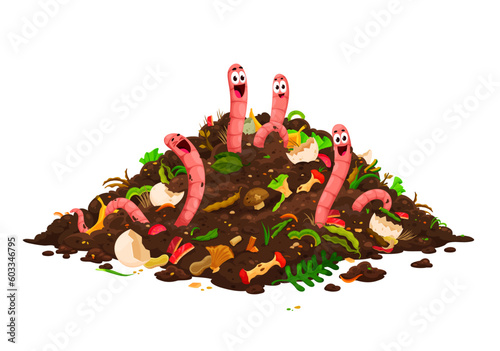 Cartoon compost worm characters in soil. Isolated vector funny earthworms with smiling faces stick out of compost pile with organic wastes. Useful insects in garden, nature invertebrate pest creatures