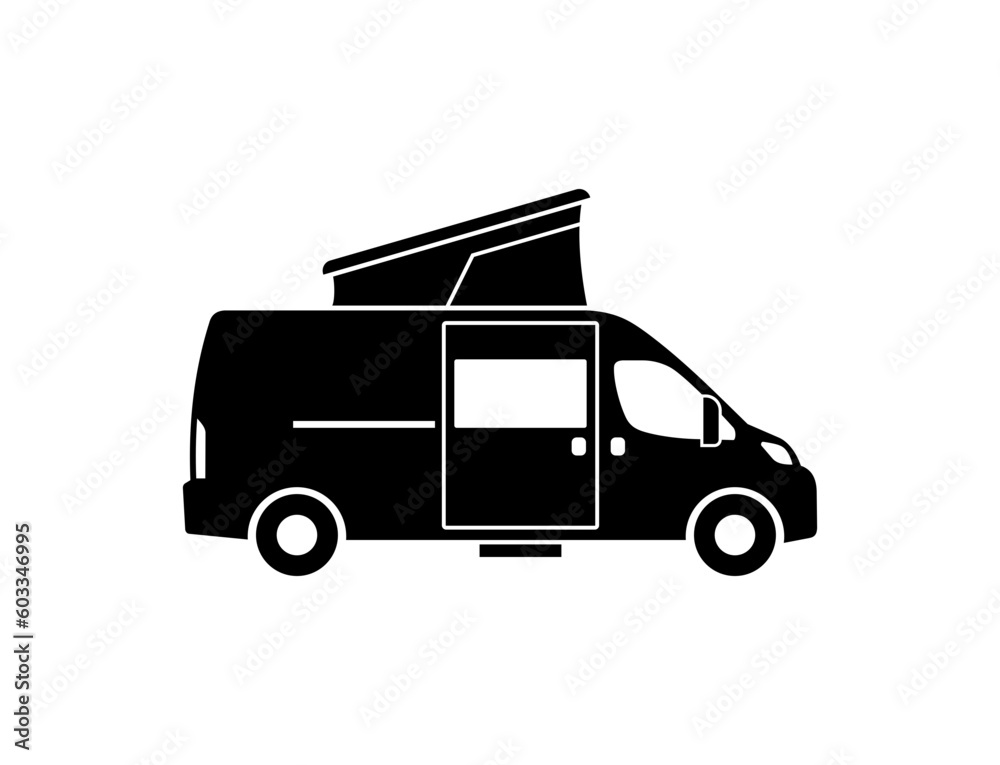 Camper van with bed in the pop-top roof vector icon