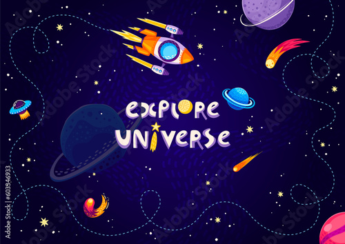 Cartoon space background, spaceship and stars. Vector cosmic landscape, rocket investigation. design for kids with flying shuttle and creative childish typography explore Universe in dark starry sky