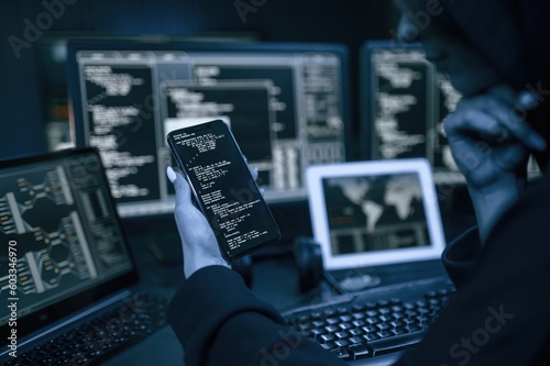 Holding smartphone with code. Young professional female hacker is indoors by computer with lot of information on displays