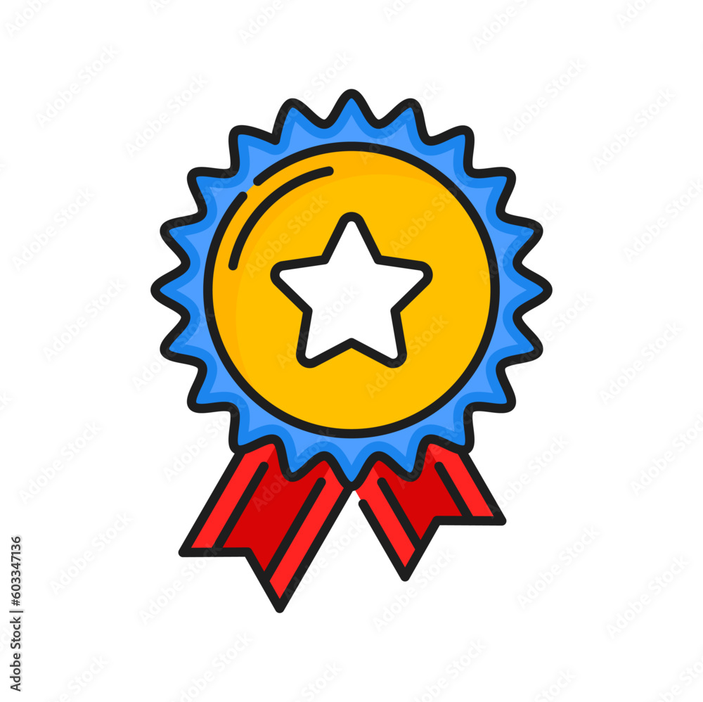 Quality rating rosette medal with rank star and ribbon vector icon. Gold award, winner trophy