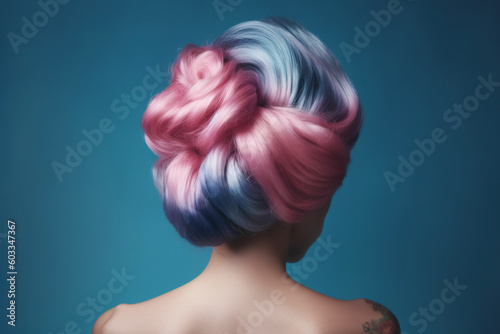 Pastel colored pink and blue hair in elegant updo hairstyle. Generative AI illustration