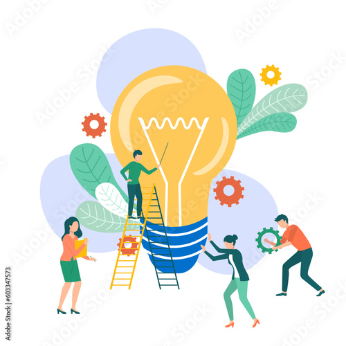Partnership and cooperation business concept. People united in common idea with light bulb. Meeting of partners or friends for new idea, creative solution. Colleagues closing deal, discussing startup