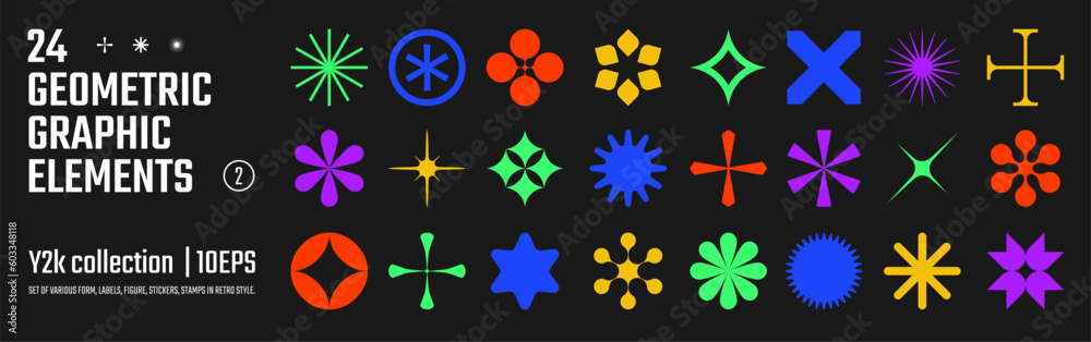 Obraz premium Vector abstract geometric graphic elements for design, Collection of various form, labels, shapes, stickers inspired by brutalism, set basic figures in y2k style, retro futuristic assets, set 2